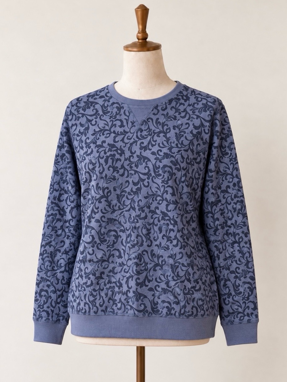 Karen Scott Sport Petite Large Blue Damask Floral Crewneck Sweatshirt